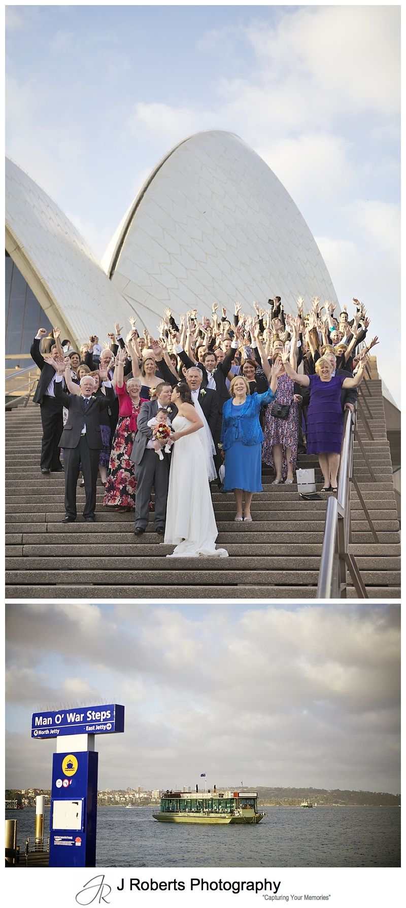 Whole wedding party on the steps of the sydney opera house - sydney wedding photography 